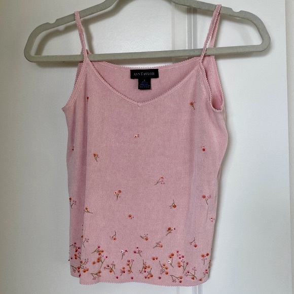 Vintage Y2K Coquette Pink Silk Knit Sequin Embroidered Tank Top Cami Ann Taylor - Picture 13 of 13